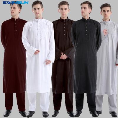 China New Solid Color Men's Polyester Two-Piece Muslim Modern Casual Long Robe And Pants Middle Eastern Ethnic Long Dress Islamic Thobe for sale