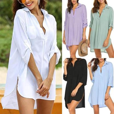 China 100% Casual Sun Proof Blouses And Shirt Women Sun Beach V Neck Summer Spring Swimsuit Tops Anti Shrink Chiffon Long Shirts For Women for sale