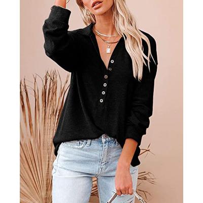 China New autumn and winter women's anti-wrinkle solid color long-sleeved shirt button sweater young ladies' explosive casual T-shirt women for sale