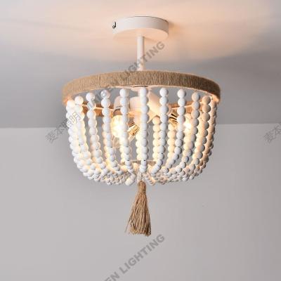 China Outdoor Mounted Hemp Rope Ceiling Lamp For Bedroom Decor Lights Chandelier Farmhouse Wood Beaded Ceiling Fixtures L for sale