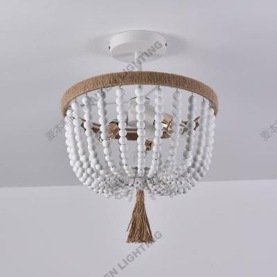 China Hemp Rope Outdoor Mounted Ceiling Lamp for Foyer Decor Lights Chandelier Farmhouse White Wood Beaded Fixtures for sale