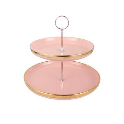 China Luxury Ceramic Cake Stand 2 Tier Round Shape Dessert Snack Cupcake 2 Tier Modern Cake Stand Ceramic Cake Stand for sale