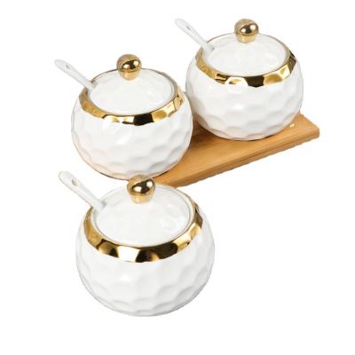 China Wholesale Kitchen Seasoning Storage Jar 3 Piece Porcelain Seasoning Canister Set With Wooden Tray for sale