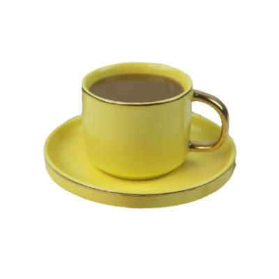 China Sustainable Espresso Cup 6*90cc Custom Cup And Saucer With Matte Color Glaze And Electroplated Gold for sale