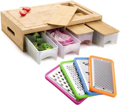 China Sustainable cutting board with plastic drawers chopper with handles and food slide, carving board with 4 trays for food storage for sale