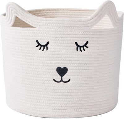 China Multifunctional Toy Storage Basket with Cute Cat Design White Woven Cotton Rope Basket with Reinforced Handles Nursery Storage Cute Basket for sale