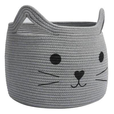 China Large Woven Multifunctional Animal Baskets Cotton Rope Storage Woven Basket With Cute Cat Design Animal Laundry Basket Organizer For Towels for sale