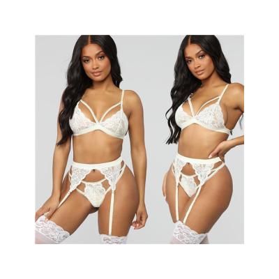 China Women's Bowknot Transparent Lace Sexy Lingerie Garter Lace Underwear Style Three-piece Set European and American Sexy Set for sale