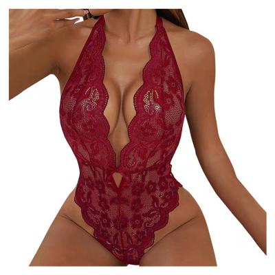 China Hollow out sexy lingerie seduction lace jumpsuit sexy one-piece transparent home large size jumpsuit pajamas for sale