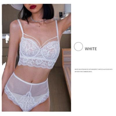 China Viable gathered sexy underwear set lace thin cup transparent bra with steel ring breathable big bra for sale