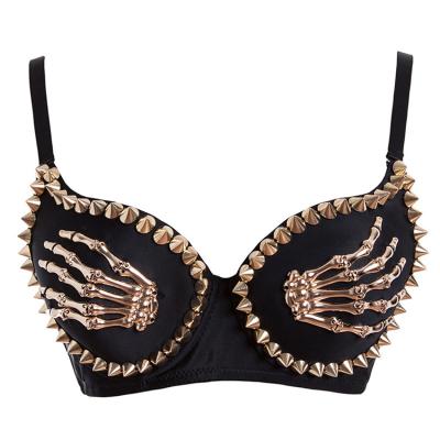 China Hot Selling Riret rivet finger bra hot black skeletal lingerie punk top style sexy halter underwear for sale