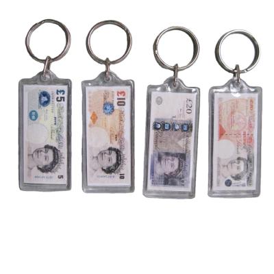 China Promotion Gift Photo EUR Money Note Acrylic US Dollar Key Chain, Fashion British Pound Key Chain for sale