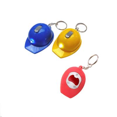 China Fine Workmanship Shape 3 In 1 Hard Hat Helmet Shape Led Key Chain /Safety Helmet Cap Key Chain With Bottle Opener for sale