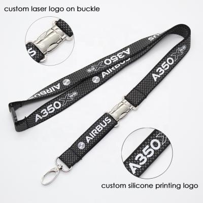 China Airplane Company Promotional Gifts Custom Carbon Fiber A350 Rubber Printing Lanyard With Laser Logo On Detachable Clip for sale