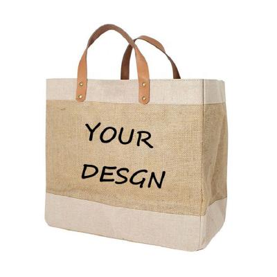 China Premium Eco-Friendly Quality Craftsmanship Soft Handles Jute Beach Bags Burlap Bags With Laminated Interior For Wedding for sale