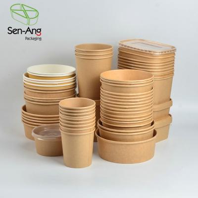 China Eco friendly disposable customizable SenAng03 Promotion Disposable Oval Plastic Bowls Salad Takeaway Container Take Away Box Paper Bowl Lid Kraft Soup Bucket for sale