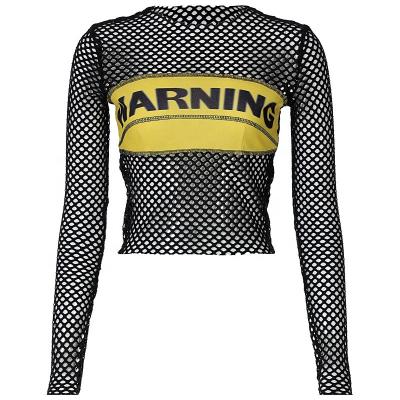 China Breathable Streetwear Long Sleeve Round Neck Patchwork Crop Tops Customized Letter Print Women Hollow Out Mesh T-shirt for sale