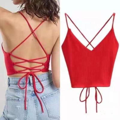 China 2022 High Quality Women's V-Neckline Top T-shirts Sexy Knitted Breathable Cross Back Bra for sale