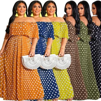 China Women's Breathable Summer Vacation Bohemian Plus Size Casual Elegant Dresses Off Shoulder Chiffon Polka Dot Print Beach Maxi Dress for sale