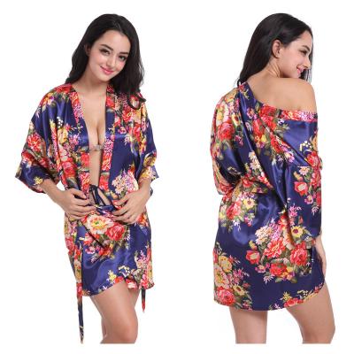 China Custom QUICK DRY plus size 3XL sexy long robe kimono silk satin flowers print bathrobe pajamas for women for sale