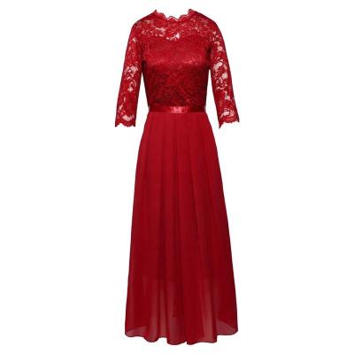 China Anti-Wrinkle Chiffon Lace Half Sleeve Dinner Party Midi Dress Women Quilted Bridesmaid Wedding Wear Wear for sale