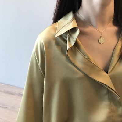 China 2022 New Fashion Anti-shrink Button Springs Up White Lady Long Sleeves Female Vintage Satin Shirt Women Silk Blouse Loose Street Shirts for sale