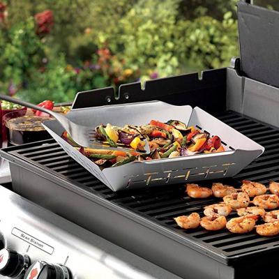 China Recommended Easily Cleaned Square BBQ Grill Basket Stainless Steel Charcoal Gas Grill Pan With Handles for sale