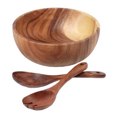 China Contemporary Eco Friendly Wholesale Acacia Wood Kitchen Salad Bowl Set With Tableware Fork Spoon Set for sale