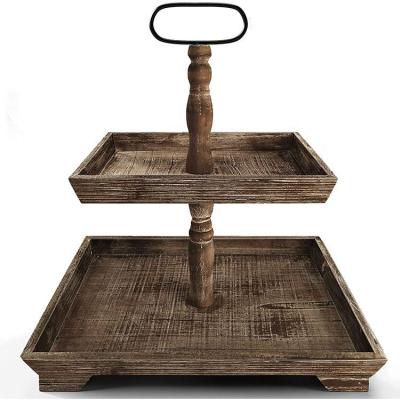 China Contemporary Handle Tray Home Decor Wood Tiered Wooden Tray Tier 2 Tier Vintage Brown Wooden Metal Dessert Tray for sale