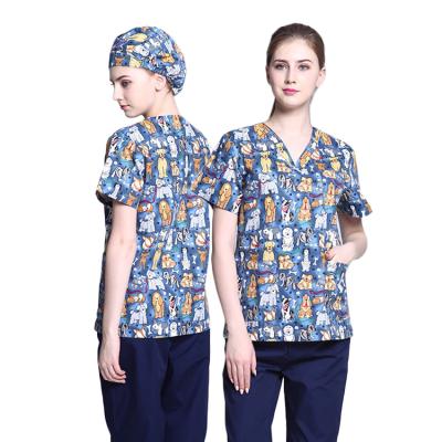 China Beautiful Breathable V-Neck Breathable Upper Designer Hospital Factory Sale Medical Cartoon Printed Scrubs Nursing Uniforms Wholesale Shirt for sale