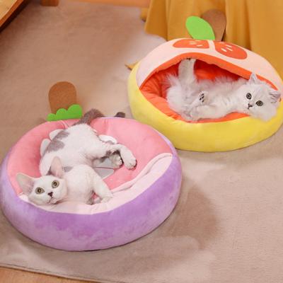 China Washable Round Cat Bed Nest Soft Warm Travel Pet Fruit Train Dog Cat Cushion Home Mat Cat Beds Sleeping Room Pet Supplies Products for sale