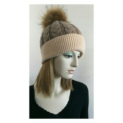 China Winter 30% Angola 70% COMMON Acrylic Raccoon Ladies Camel Brown Leather Pompom Hat for sale