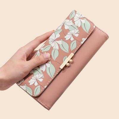 China 2022 New Print Slim Anti-theft Buckle Flower Lovely Girls PU Coin Ladies Purse Folding Zipper Wallet Leather Card Holder for sale