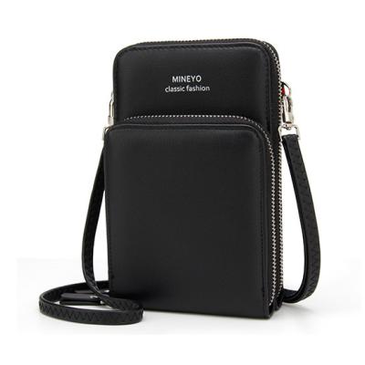 China New RFID Solid Color PU Leather 5.5 Inch Phone Metal Zipper 2 Layer Large Capacity Mini Girls Sling Bag Mobile Phone Bags for sale