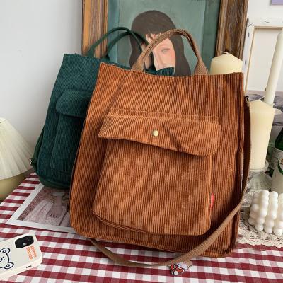 China Fashion Girls Vintage Corduroy Casual Student Bookbag With Outer Pocket Shoulder Zipper Canvas Bags Satchel Cross - Body Bag for sale