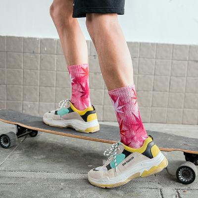 China Custom Hot Sale Popular QUICK DRY Logo Men Cotton Knitted Colorful 3D Maple Leaf Printing Tie Dye Socks for sale