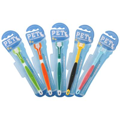 China New Sustainable Design Pet Dental Care 3D Three Head Plastic Handle Dogs Toothbrush Pets Toothbrush for sale