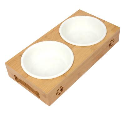 China Factory Sustainable Wholesale Raised White Ceramic Pet Cat Dog Food Bowl With Double Holder for sale