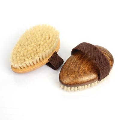 China Horse Bath Brush Factory Wholesale Wooden Body Grooming Tool Horse Cleaning Brush With Belt for sale