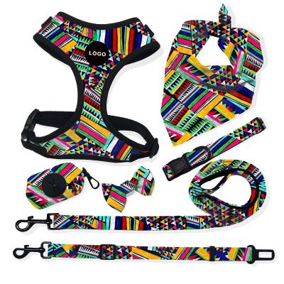 China Durable Unique Design Leaves Print Pet Bow Tie Set Collar Dog Leash Accessories Innovative Pet Harness Set for sale