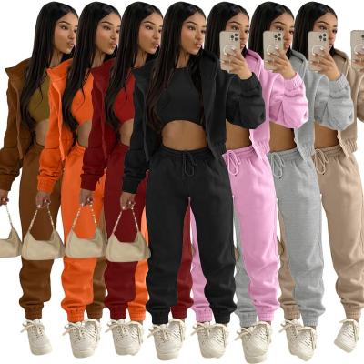 China 2023 QUICK DRY Autumn Winter Women Clothing Plus Velvet Sweater Women Plus New Arrival 3 Piece Sets Sport Hooded Casual Pocket Tracksuit Set for sale