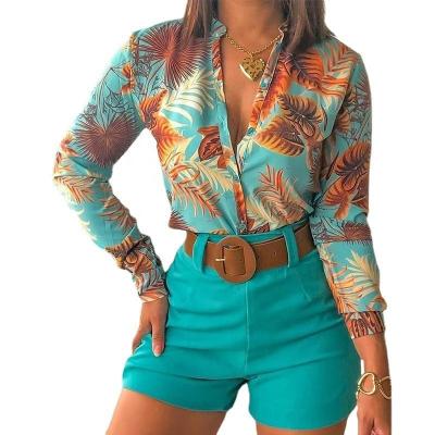 China High quality QUICK DRY women's suit long sleeve printing comic collar shirt solid color shorts elegant two-piece set women clothing for sale