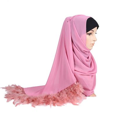 China Chiffon Customized Fashionable Muslim Ladies Hijab Solid Color Turban Chiffon Hijab Shawl Scarf With Feathers for sale