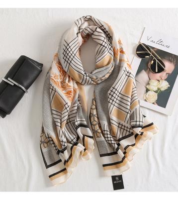 China Lady Custom Stylish Popular Elegant Women Autumn Winter Scarves Shawl Stitching Printed Cotton Canvas Scarf for sale