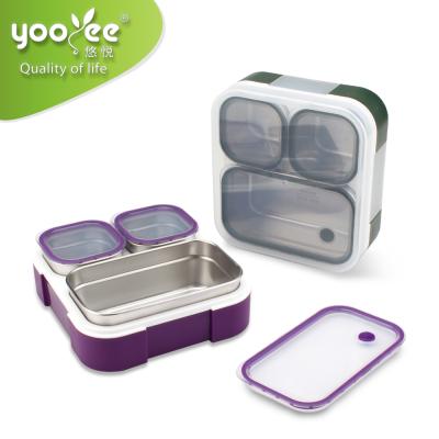 China BPA Plastic 304 Stainless Steel Food Packaging 3 Compartments Safe Heated Lunch Box Bento Leakproof Lunch Box Custom for sale