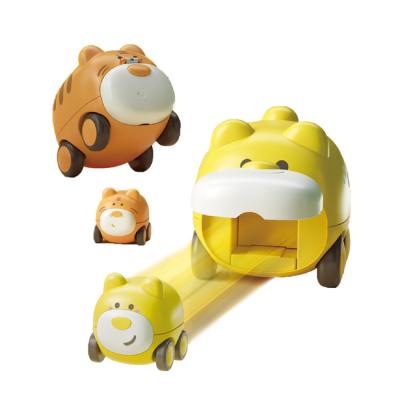 China Inertia Hand Push Ejection Cartoon Animal Vehicle Toys Mini Plastic Car Catapult Toy Set 48.9*36.2*10.2CM for sale