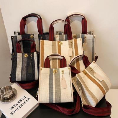 China New Tote Bag Trend Canvas Stripe Shoulder Messenger Handbag Portable Simple Portable Shopping Custom Canvas Handbag for sale