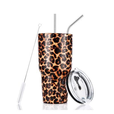 China Sustainable Custom Leopard Paint Stainless Steel Tumbler Cup With Lid And Straw for sale