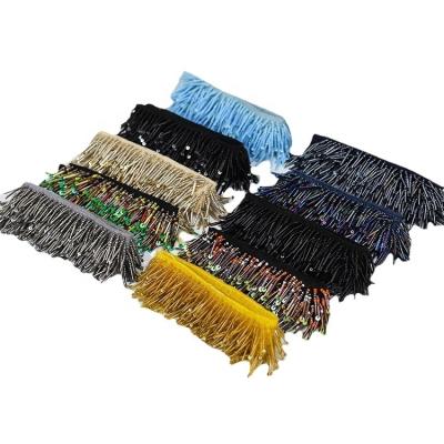 China Viable Wholesale Stick Embroidery Trim Lace Border Gold Hanging Sequins Lace Up Trim Tassel Fringe LH-GPA002 for sale