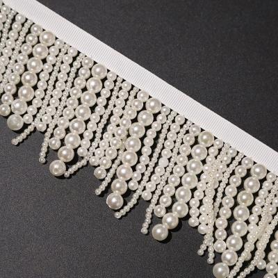 China Viable White Pearl Beading Lace Trim Glitter Beaded Laces Trimming Fringe Tassel Handmade Trim LH-GPA006 for sale